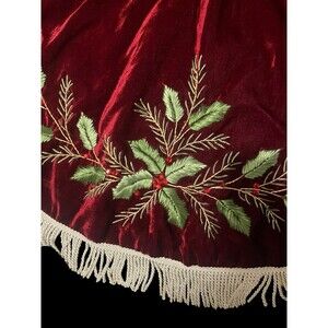 Burgundy Velveteen Christmas Tree Skirt Holly Leaves Berries Evergreen Branches